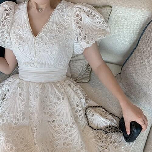 Sweet Style Women White Dress Summer Puff Sleeves Hollow Out Ball Gown Casual Streetwear Dresses Lady Clothing Vestido