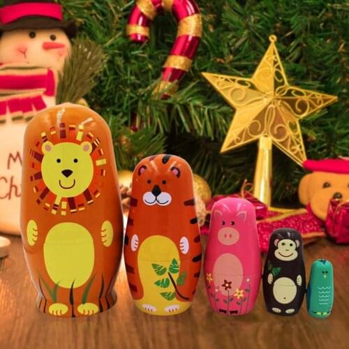 5 Pcs Wooden Lion Animal Nesting Dolls Craft Gift Wishing Doll Birthday Christmas Gift Box Storage Box Kids Toy Gift
