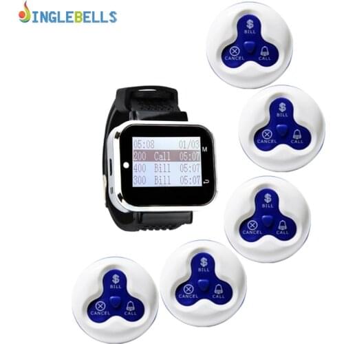 Wireless Waiter Paging System 433 MHz 1 Watch Receiver+5 Waterproof Three Keys Button Transmitter For Restaurant