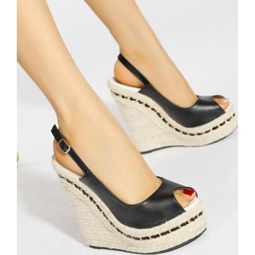 Women Wedges High-heeled Sandals Platform Buckle Strap Pumps Sewing Round Toe Covered Heels Peep Toe Summer Sandals Ladies