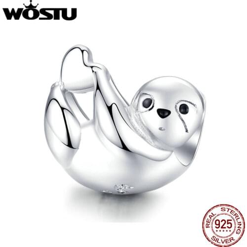 WOSTU 100% 925 Sterling Silver Lazy Sloth Beads Animal Charms Fit Original Bracelet Pendant For Women Jewelry Making CTC109