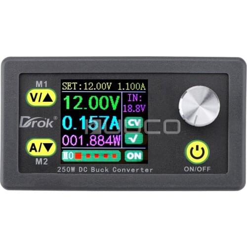 DROK Digital Panel Meter Buck Converter DC 6V-55V to 0-50V 5A 250W LCD Amp Volt Current Meter Watt Kwh Power Supply Module