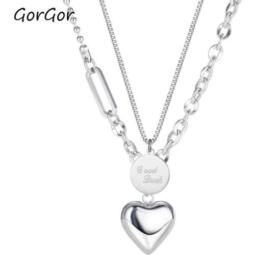 GorGor Necklace Women Stainless Steel Pattern Heart Round Pendant Double Chain Light Luxury Temperament Jewelry TX-1806