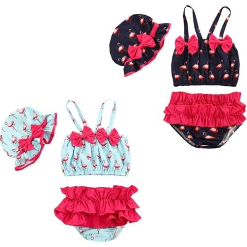 2021 Newly Baby Girls 3 Piece Swimsuit Flamingo Printed Sling Bow Camisole Ruffled Tops Shorts Hats Beachwear