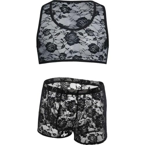 Mens Lace Exotic Lingerie Male Bras Boxers Set Sexy Hommes Sissy Crop Tops Shorts Transparent Nightwear Underwear