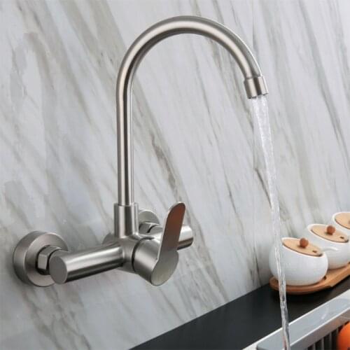 Wall Mounted Kitchen Faucet 304 Stainless Steel Brushed Cold Hot Water Mixer Tap Sink Faucets Single Handle Double Hole Crane