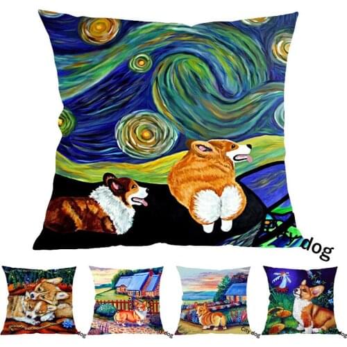 Pet animal Painting art linen Pembroke Welsh Corgi pillow case Cushion cover Hotel office bar car sofa pillow cushion covers