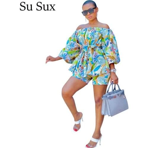 Africa Clothing Plus Size Two Piece Set Tracksuit Women African Clothes Print Slash Neck Top&Short Pants Suit Outfits Vestidos