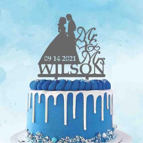 Personalized Wedding Topper Custom Mr Mrs Name Wedding Date Bride & Groom Silhouettes Wedding Anniversary Decoration Cake Topper