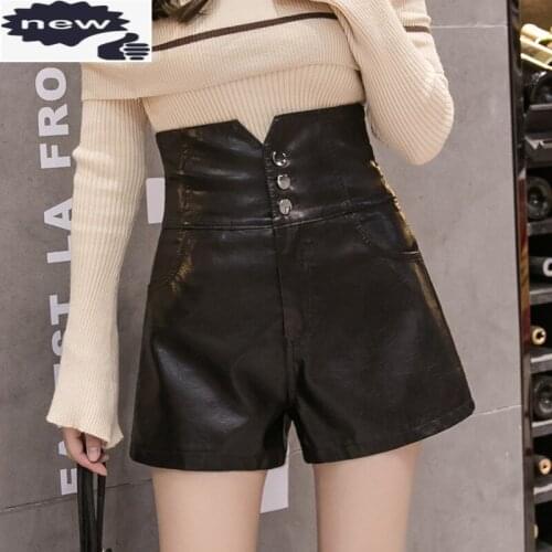 Winter Womens Button High Waist A-Line Street Fashion Pu Leather Wide Leg Shorts Punk Black Loose Short Pants Female