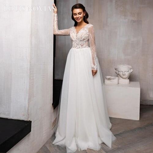 Louis Novias Long Sleeve Wedding Dress Deep V-neck Fkh Beach Car Sweep Decal Chiffon Sequin Embroidery Romantic Dress