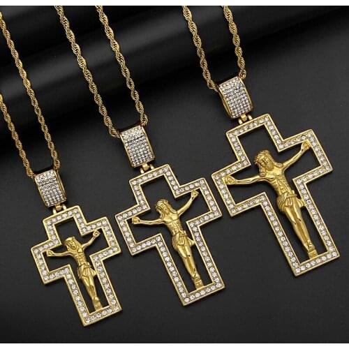 Hip Hop Bling Gold Color Stainless Steel INRI Crucifix Jesus Hollow Cross Pendants Necklace For Men Jewelry Drop Shipping