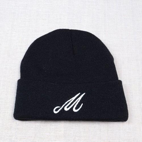 Men Women M Knitted Hat Solid Black Winter Warm embroidery Beanie Fashion Unisex Skullies Beanies