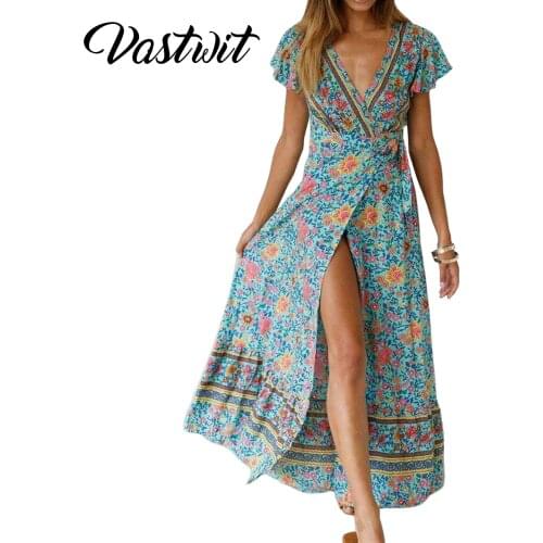 Womens Wrap Boho Floral Paisley Maxi Dress Ladies Summer Holiday Beach Dresses