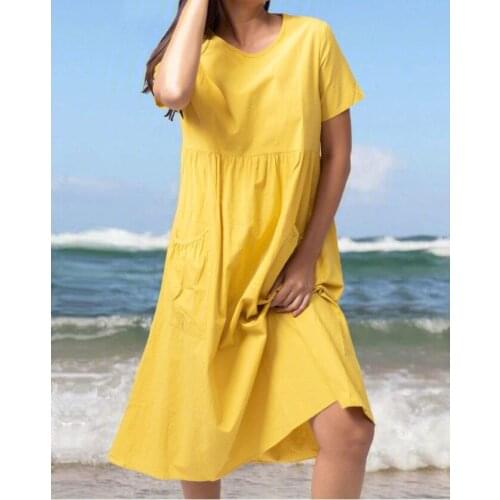 Womens round neck short sleeves with pockets solid color cotton and linen casual loose comfortable series over-the-knee ski