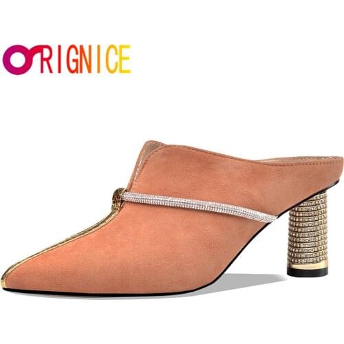 Orignice Spring Women Kid Suede Orange Mules Fashion Crystal Slip On Rhinestone Round High Heels Sexy Pointed Toe Dress Shoes