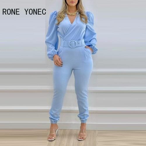 Women Solid Elegant V-neck Wrap Lantern Sleeve Sashes Hamstring leg Skinny Jumpsuit