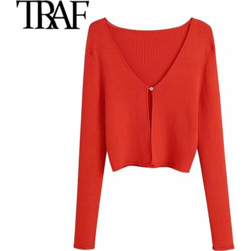 TRAF Women Fashion With Button Ribbed Knit Crop Cardigan Sweater Vintage V Neck Long Sleeve Female Outerwear Chic Tops
