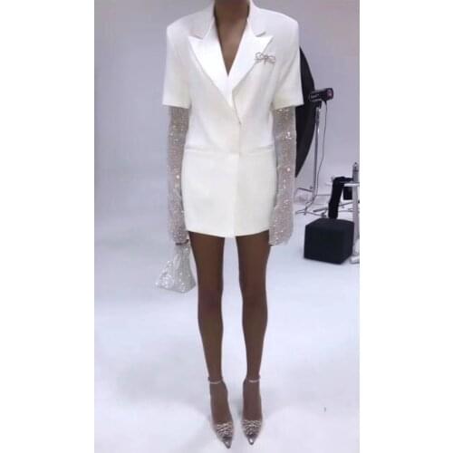 Sexyboutique New Vintage Patchwork Diamonds Women Blazer Notched Long Sleeve White Color Casual Suit Female Fashion Party Tide