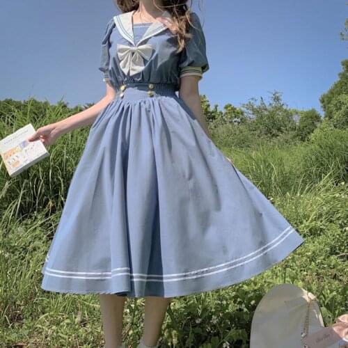 2021 Summer Japanese Lolita Sweet Bow-knot Retro Cotton Kawaii Preppy Style Short Sleeve Dress Women Sailor Collar Navy Dress