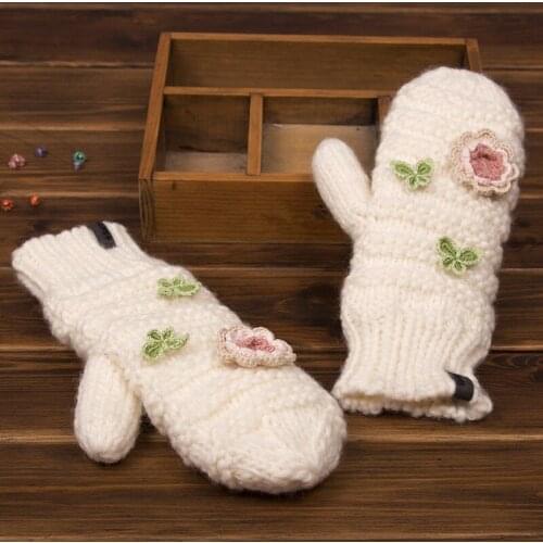 100% Handmade Winter Warm Mittens Knitted Gloves with Flowers
