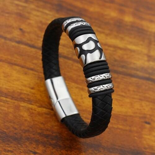 12MM Wide Braided Retro Genuine Leather Bracelet For Men Stainless steel Crack Bead Bracelets with Magnet Clasp