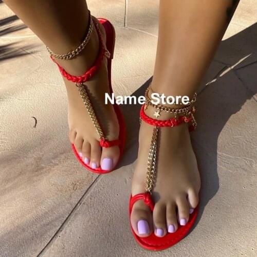 2021 Summer Fashion Women Flat Sandals Open Toe Outdoor Beach Metal Chain Sandals Solid Color Womens Shoes Plus Size 43