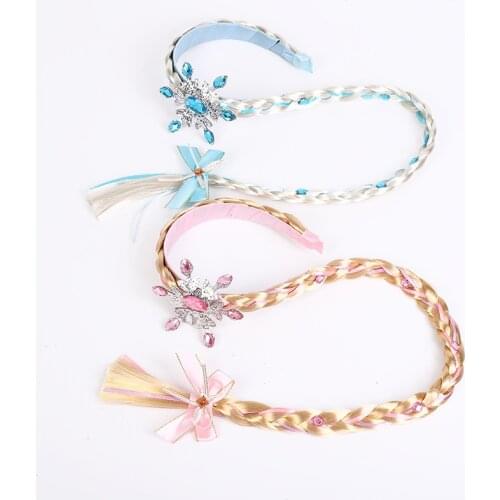 2021 Lovely Girls Cosplay Princess Braid Headwear Weaving Long Wigs Hair Hoop with Snowflake Shaped Rhinestone