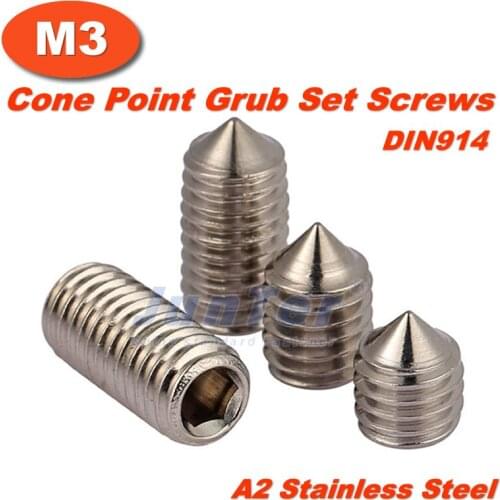 500pcs/lot M3(3mm) A2 Stainless Steel Cone Point Grub Hex Socket Set Screws DIN914