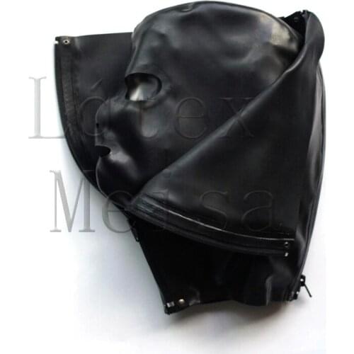 Cool adults' black latex hood bdsm open eyes & nostrils & mouth attached front and back zippers decorations