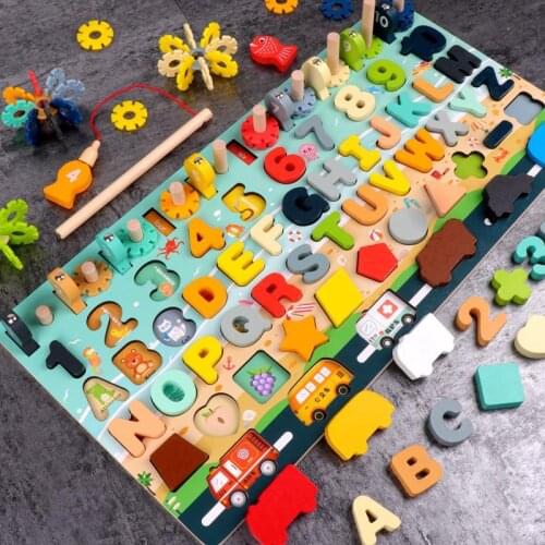 Wooden Montessori Multifunctional Magnetic Fishing Game Cognitive Number Letter Early Learning Busy Board Educational Math Toys