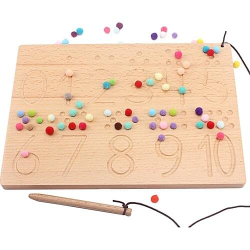 Montessori Wood Numbers & Shapes Board 0-10 Digitals with Colorful Plush Ball Counting Writing Board Practical Toys for Children