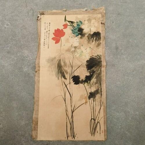 Chinese Old Scroll Daqians colorful lotus Painting Rice Paper Painting Slice
