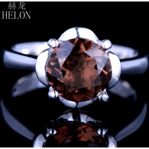 HELON 925 Sterling Silver Round 9mm Flawless 100% Genuine Smokey Quartz Gemstone Engagement Wedding women Trendy Jewelry Ring