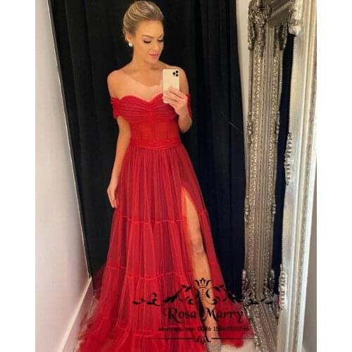 Off Shoulder Red Long Prom Dresses 2021 A Line Plus Size High Split Tulle Vestido De Festa Largos Formal Evening Party Wears