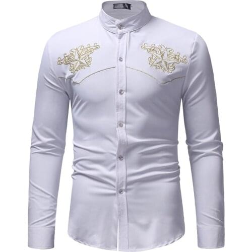Double Star Embroidery White Tuxedo Shirt Men Slim Fit Long Sleeve Dress Shirt Mens Wedding Party Banquet Social Shirts Male 2XL