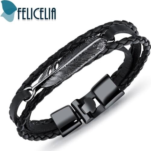 Felicelia Vintage Leaves Design Black/ Brown PU Leather Bracelet For Men Boys Handmade Jewelry Multilayer Wrap Bracelet Bangle