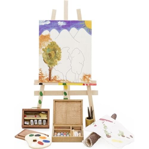 Odoria 1:12 Miniature 8pcs Painting Set Easel Canvas Pigment Box Brush Drawing Tools Dollhouse Decoration Accessories