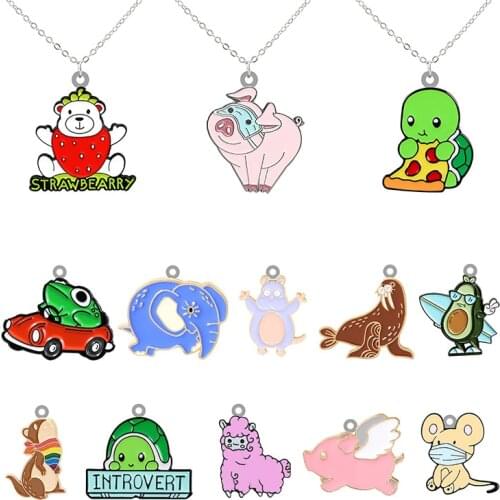 TAFREE Pig and Dog Variety Animal Pattern Jewelry Long Chain Necklace Epoxy Resin Design Tiny Pendant Necklace Jewelry Girl