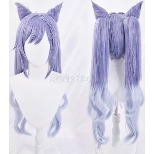 Game Genshin Impact Keqing Cosplay Wig Gradient Purple Long Curly Ponytails Heat Resistant Hair Adult Halloween Role Play C66M49