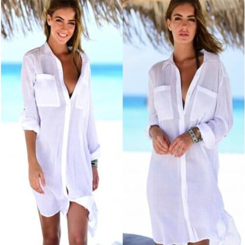 Beach dress shirt Cover-up 2021 Swimwear Women White Beach Tunics plus size cover ups Bikini Cover up Sarong Swimsuit Cover upS