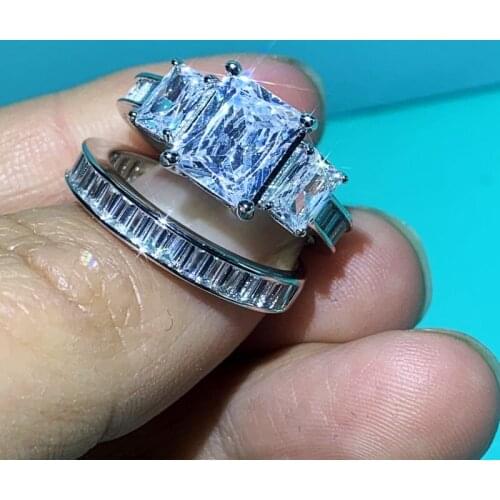 Rulalei Couple Rings Deluxe Jewelry 925 Sterling Silver Three Stone Princess Cut White Clear 5A CZ Party Engagement Bridal Ring