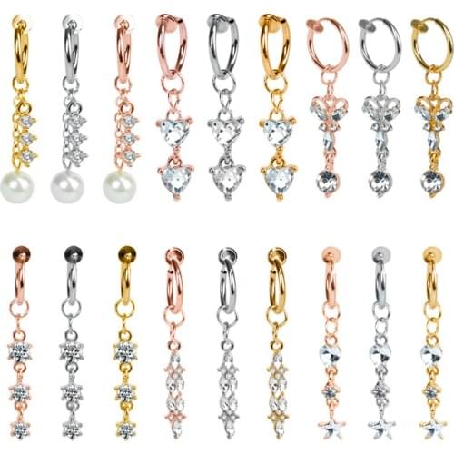 Heart-shaped Zircon Belly Button Ring Fake Belly Piercing Jewelry 316 Titanium Steel Pearl Navel Piercing Fake Earrings Pandents