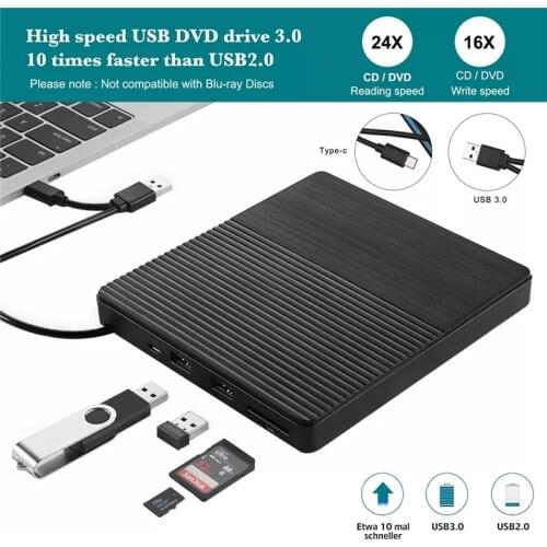USB 3.0 External Optical Drive Portable External Type-C CD Burner High Speed CD/DVD Player TF/SD Card Reader For Windows Linux