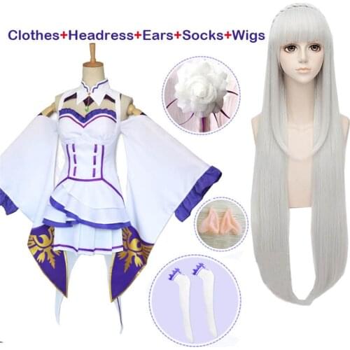 Japanese Anime Re Zero Kara Hajimeru Isekai Seikatsu Emilia Wigs Cosplay Costumes Women Dress With Headdress For Halloween Party