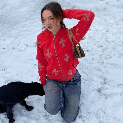 Womens sweatshirt Korean Fashion Punk Sport Coat Pullover Rhinestone Gothic Long Sleeve Zip up Hoodie Y2k Womens jacket men