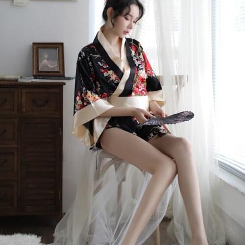 Girl Kimono Dress Japanese Style Sex Erotic Bathrobe Women Floral Print Japan Uniform Cosplay Costume Party Short Gown Underwear