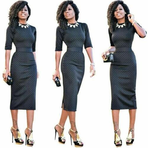 Summer Dresses Women Casual Retro Ladies O-Neck 3/4 Sleeve High Waist Plaid Stretch Skinny Midi Dress