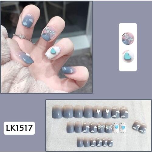 24Pcs/Set Delicate Kawaii Reusable False Nails Gradient Clouds 3D Love Bow-knot Crystal Nail Artificial Fake Nails With Glue NN