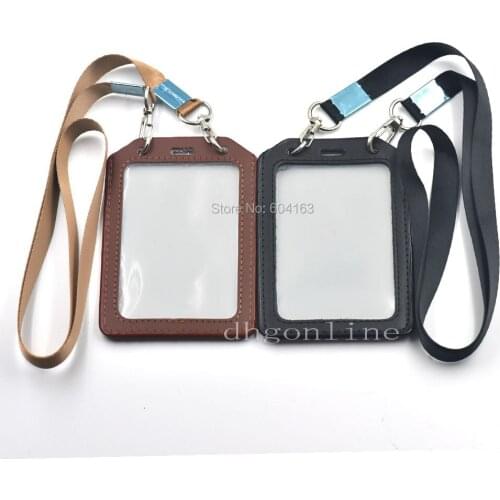3 Sets Strap lanyard + ID Card Badge Holder badge Exhibition Genuine leather Vertical Clear-Black Clear-Brown